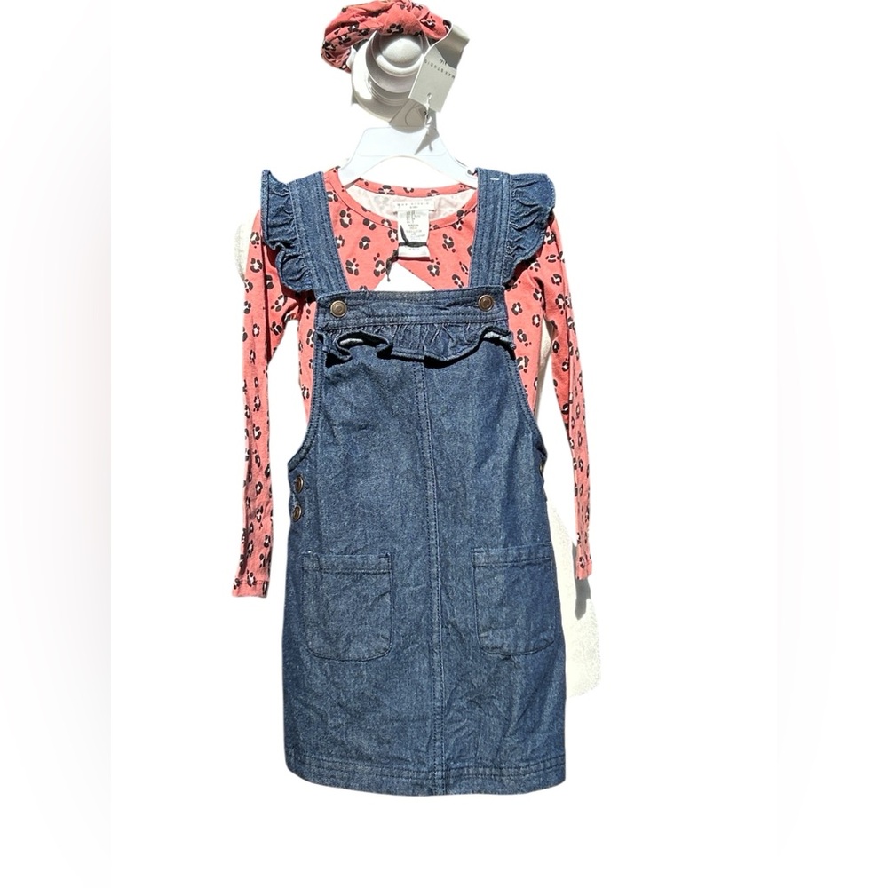 NWT Max Studio Girls 3T Denim Overall Dress Top Headband